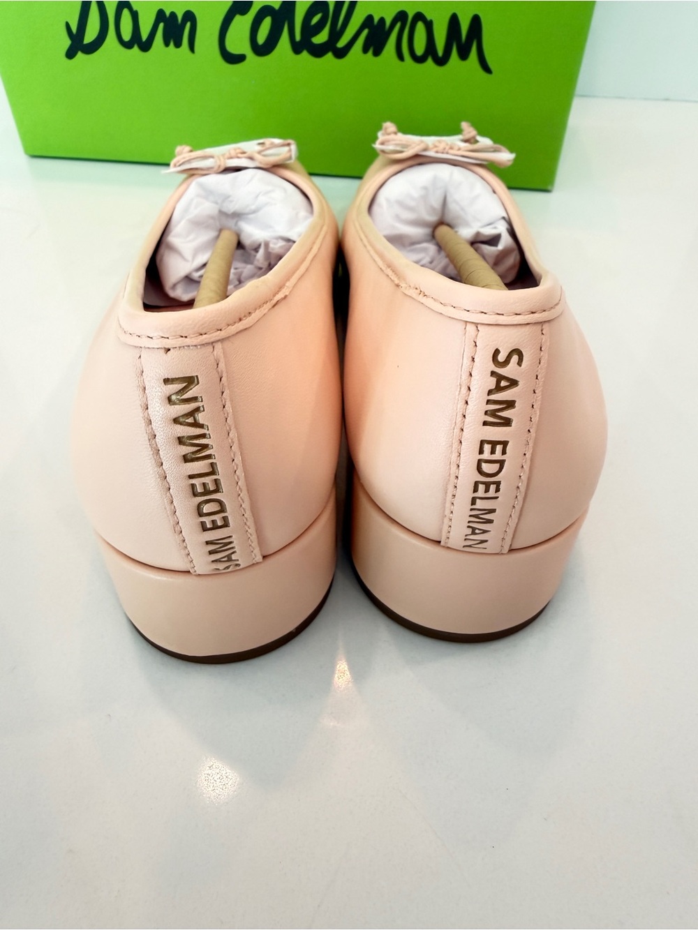 New Sam Edelman Rosa Leather Block Heel Pump Sz 7 Peach Low Classic Dainty Bow - Picture 4 of 9
